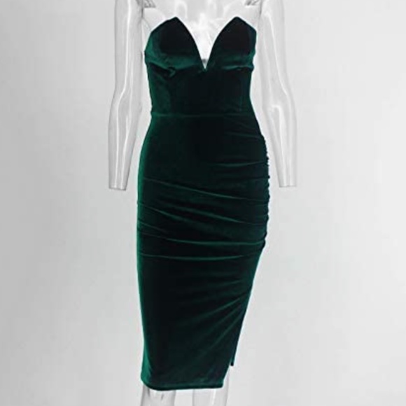 Dresses & Skirts - Strapless Ruched Velvet Split Bodycon Midi Dress